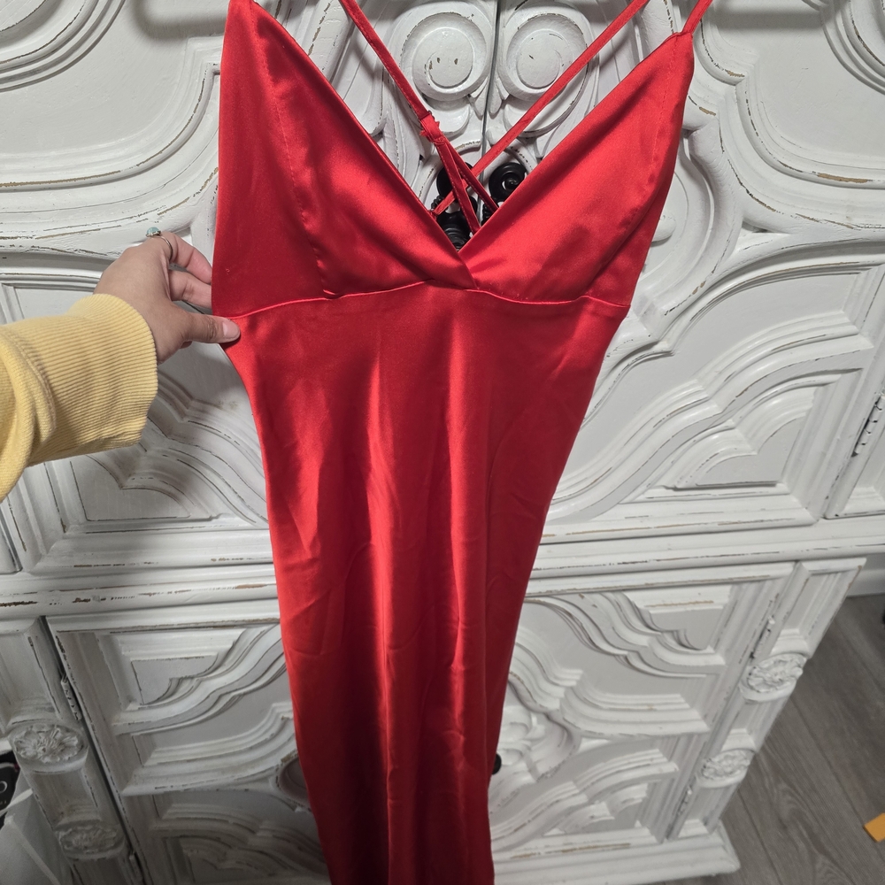 Forever 21 Red Satin Spaghetti Strap Prom Dress